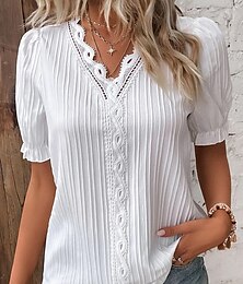 preiswerte -Damen Spitzenhemd Bluse Glatt Casual Kontrastspitze Patchwork Weiß Kurzarm Elegant Basic V Ausschnitt Sommer