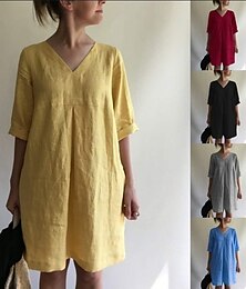 economico -Per donna Giallo Vino Grigio Estate Primavera Mini Abito Abiti ispirati al lino Vestito Casual Abito a Tubino Essenziale Classico Casual All'aperto Vacanza Quotidiano Vestibilità comoda Colore Puro