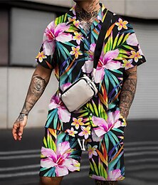 abordables -Homme Fleuri Fleurs tropicales Feuilles 2 pièces Ensembles de chemises Chemise hawaïenne Manche Courte Pantalon court Col Rabattu Mode Streetwear Designer Extérieur Rue Occasionnel Imprimé Ét