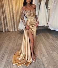 cheap -Mermaid Black Dress Evening Gown Sparkle & Shine Dress Formal Wedding Party Court Train Long Sleeve Off Shoulder Fall Wedding Reception Satin with Ruched Sequin Slit 2024
