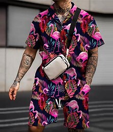 abordables -Homme Fleuri Flamant rose Tropical 2 pièces Ensembles de chemises Chemise hawaïenne Manche Courte Pantalon court Col Rabattu Mode Streetwear Designer Extérieur Rue Occasionnel Imprimé Été Printemps