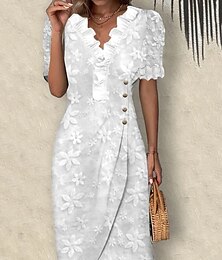 cheap -Women's Cotton Linen Blend Shift Dress V-Neck Lace Ruffle Sleeves Floral Midi for Spring Summer Casual Outdoor Daily Wear White Sizes S-2XL