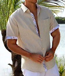 baratos -Homens camisa de linho Camisa casual camisa de verão camisa de praia Branco Azul Verde Manga Curta Tecido Lapela Primavera Verão Havaiana Feriado Roupa Bolso frontal