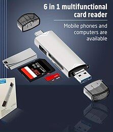 رخيصةأون -6 في 1 قارئ بطاقة USB للهاتف المحمول الكمبيوتر العالمي USB / Micro / USB-C ، الواجهات الثلاثة تلبي متطلبات مختلفة ، يمكن تحميل البيانات بسرعة على بطاقة ذاكرة كبيرة السعة 2 تيرا بايت وتشغيل دعم وظيفة
