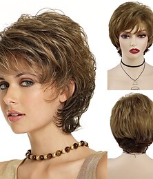 abordables -perruques courtes synthétiques pour les femmes blanches perruque blonde sablonneuse avec une frange mélanger la couleur brune perruque bouclée cheveux ombre personnes âgées perruque maman