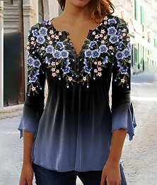 ieftine -Pentru femei Cămașă Bluză Floral Concediu Buton Imprimeu Galben Lungime Manșon 3/4 De Bază Rotund