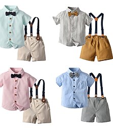 abordables -2 Pièces Chemise & Short Tenues Enfants Garçons Couleur Unie Rayure Manche Courte Set Occasionnel Mode Quotidien Été Printemps 7-13 ans Multicouleur Blanche Vert Claire