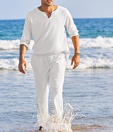 abordables -Homme Chemise en lin et coton Chemise en coton blanc 2 Pièces Ensemble chemises Chemise boutonnée Chemisette Chemise d'été Noir Blanche Rose dragée manche longue Plein Col V Printemps été Extérieur