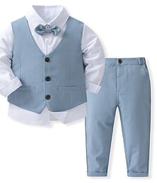 cheap -4 Pieces Kids Boys Shirt & Pants Clothing Set Outfit Solid Color Long Sleeve Cotton Set Formal Fashion Summer Spring 7-13 Years Royal Blue Sky Blue Gray