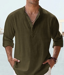 preiswerte -Herren Hemd leinenhemd Sommerhemd Strandhemd Glatt Hawaiianisch Festtage Weiß Rosa Blau Grün Langarm Ständer Frühling Sommer Bekleidung Grundlegend