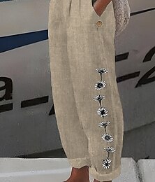 billige -kvinners bomull og lin loungewear bukser nattbukser blomsterprint elastisk midje komfort hjemmegate sommer vår svart hvit hjemmeantrekk