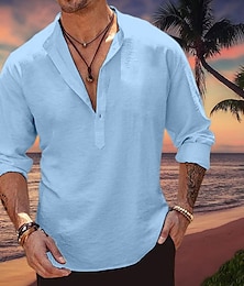 preiswerte -Herren Hemd leinenhemd Popover-Shirt Sommerhemd Strandhemd Rosa Blau Armeegrün Langarm Glatt Henley Frühling Sommer Casual Täglich Bekleidung