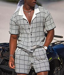 abordables -Hombre Plaid Diseño Geométrico 2 piezas Conjuntos de camisas camisa hawaiana Manga Corta Pantalones cortos Collar Cubano Moda Ropa de calle Design Exterior Diario Noche Estampado Verano Primavera