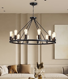 economico -lampada a sospensione a led illuminazione lampadario in metallo verniciato vintage, con luci 6/8/10/12, illuminazione lampadario rustico vintage fattoria, ciondolo ruota carrozza, nero