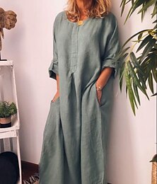 cheap -Women's Cotton Linen Maxi Dress Crew Neck Long Sleeve Pockets Summer Spring Fall Black Yellow Wine Casual Outdoor Daily Vacation Fashion