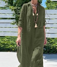 abordables -Femmes bleu marine Vert Kaki Été Printemps Automne Robe Maxi Robes en coton et lin Robe Chemise Robe Décontractée Basique Occasionnel Extérieur Quotidien Coupe Ample Couleur Unie Col de chemise