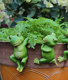 voordelige -3 stks/set schattige kikker beeldjes opknoping dier standbeeld, hars pot opknoping klimmen kikker sculptuur buiten standbeelden ornamenten decor voor bloempot/hek, tuin kunst beeldjes voor patio gazon