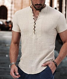 Χαμηλού Κόστους -Ανδρικά λινό πουκάμισο Πουκάμισο Popover Casual πουκάμισο Καλοκαιρινό πουκάμισο Μαύρο Λευκό Κρασί Κοντομάνικο Σκέτο Λαιμόκοψη V Καλοκαίρι Causal Καθημερινά Ρούχα