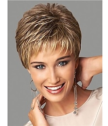 cheap -Short Dark Brown Mixed Blonde Highlight Pixie Cut Wigs with Bangs Synthetic Layered Wigs for Women Natural Hair Replacement Wigs