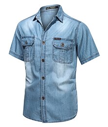 billiga -Herr Skjorta Chambray skjorta Sommarskjorta Jeansskjorta Knapp upp skjorta Mörkgrå Ljusblå Kortärmad Slät Nedvikt Ledigt Dagligen Button-Down Kläder Bomull Denim Mode Streetwear Klassisk