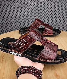 cheap -Men's Leather Sandals  Fashion Sandals Walking Casual Beach Home Crocodile Print Breathable Slippers Dark Brown Black Burgundy