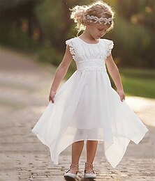 voordelige -kinderen meisje kanten puffle jurk effen kleur casual prinses zeemeermin jurk outdoor kant ronde hals mouwloos dagelijkse jurk 3-7 jaar zomer wit