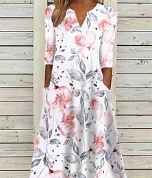 ieftine -Rochie Midi Femei Floral Drapată cu Buzunare Gât în V Rochie Midi pentru Zi cu Zi Vacanță Mână 3/4 Vară Primăvară