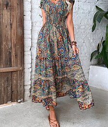 cheap -Women's Long Dress Maxi Dress Casual Dress Swing Dress Summer Dress Floral Paisley Tribal Fashion Casual Outdoor Daily Holiday Ruched Print Short Sleeve V Neck Dress Loose Fit Green Red Orange