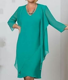 abordables -Robe de mère de la mariée en deux pièces invitée de mariage élégante simple Décolleté en V longueur genou Chiffon Manches 3/4 avec couleur unie 2025 taille personnalisée gratuite