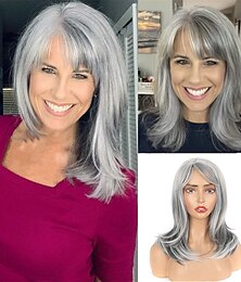 economico -parrucche sintetiche a strati grigi per parrucca da donna bianca con frangia parte laterale a strati parrucca di capelli naturali ondulati grigio argento misto per parrucca grigia da festa quotidiana