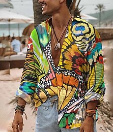 economico -Per uomo Farfalla Camicia Camicia hawaiana Camicia Aloha Manica lunga Camicia Collo ripiegabile Di tendenza Streetwear Originale Esterno Strada Informale Bianco Giallo Verde S M L