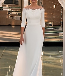 economico -Abiti da Sposa Formali per il Fidanzamento A-Line Off Shoulder Manica 3/4 Strascico  Spazzola Pizzo Abiti da Sposa con Applicazioni Colore Solido