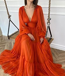 cheap -A-Line Wedding Guest Dress Red Green Dress Formal Black Tie Floor Length Long Sleeve V Neck Chiffon with Ruched 2024