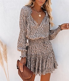 cheap -Women's Floral Leopard Ruched Ruffle V Neck Mini Dress Daily Vacation Long Sleeve Summer Spring