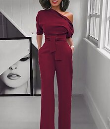 cheap -Women's Jumpsuit for Special Occasions Christmas Pocket High Waist Solid Color Cold Shoulder Business Office Work Party Xmas Regular Fit Half Sleeve Black White Yellow S M L Summer