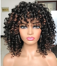 abordables -pelucas afro rizadas negras con reflejos marrones cálidos pelucas con flequillo para mujeres negras que buscan un uso diario natural