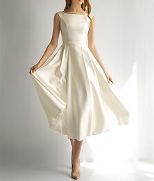 economico -Vestito Bianco Piccolo Bridal Shower Abiti per Bridal Shower Abiti da Matrimonio A-Line Collo a Cherubino Senza Maniche Lunghezza Tea Satin Abiti da Sposa Con Colore Uniforme