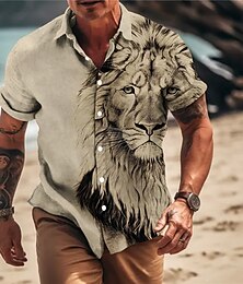 economico -Per uomo Animali Leone Camicia Camicia con bottoni Manica corta Di tendenza Originale Informale Esterno Informale Estate Primavera Collo ripiegabile Stampa Blu Marrone Cachi Grigio