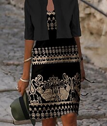 abordables -Femme Ensemble Robe Deux Pièces Robe casual Robe Droite Robe à enfiler Extérieur du quotidien Rétro Vintage Décontractées Imprimer Robe mi-longue A Bretelles Sans Manches Floral Tribal Ample Noir Bleu