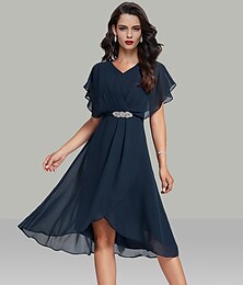 preiswerte -A-Linie Hochzeitsgast Kleider Elegantes Kleid Semi-Formal Teelänge Kurzärmel V-Ausschnitt Gürtel  Band Chiffon mit Perlen