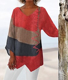 economico -Camicia Tunica da Donna Blusa Base Stampa Color Block Manica Lunga Lunghe Top Collo a V Casual Rosso Primavera Autunno