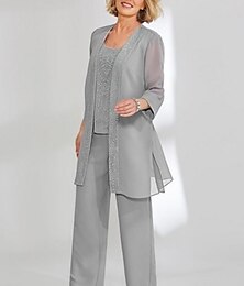 abordables -Mariage Plage 3 Pièces Mère de la Mariée Invité de Mariage Élégante Simple Col Rond Longueur Cheville Chiffon Dentelle Manches Longues avec Couleur Unie taille personnalisée gratuite