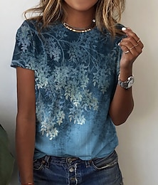 abordables -Camiseta básica para mujer, estampado floral, manga corta, cuello redondo, para fin de semana, para vacaciones, color amarillo, rosa, azul y verde