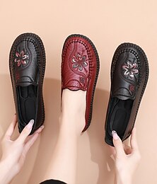 cheap -Women's Slip-Ons Comfort Shoes Daily Walking Floral Round Toe Casual Minimalism Faux Leather Loafer Black Red