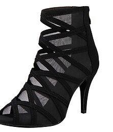 voordelige -Zwarte mesh strappy danslaarzen voor dames met peep toe - sexy stilettohakken voor salsa-, ballroom- en latin-dansoptredens