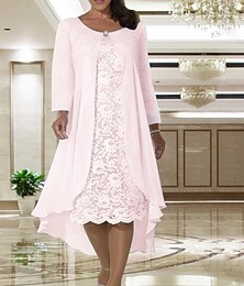 cheap -Two Piece A-Line Mother of the Bride Dress Wedding Guest Elegant Plus Size Jewel Neck Tea Length Chiffon Lace Short Sleeve Jacket Dresses with Solid Color 2024