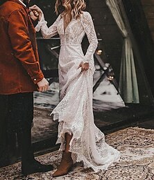 cheap -Beach Open Back Boho Wedding Dresses A-Line V Neck Long Sleeve Court Train Lace Bridal Gowns With Solid Color 2024