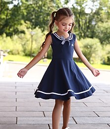 cheap -Kids Girls' Sailor Collar Retro Dress Striped Solid Color Tank Dress School Uniforms School Casual Bow Navy Blue Cotton Knee-length Cute Sweet Dresses Summer Regular Fit 3-13 Years