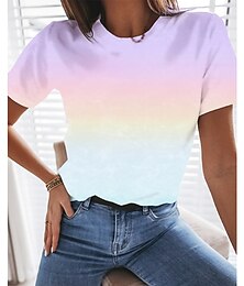 abordables -Camiseta básica casual para mujer, manga corta, cuello redondo, para uso diario, con degradado morado, rosa y naranja