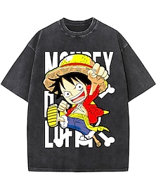abordables -One Piece Monkey D Luffy T-Shirt Camiseta extragrande lavada con ácido Estampado Gráfico Para Pareja Hombre Mujer Adulto Lavado con acido Casual Diario